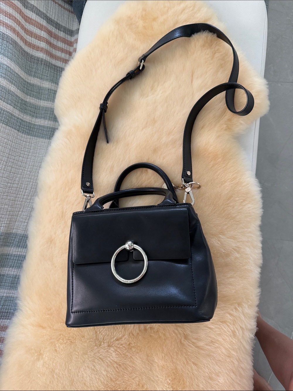 Claudie Pierlot Black Leather Top-Handle hand bag with Silver Ring Accent